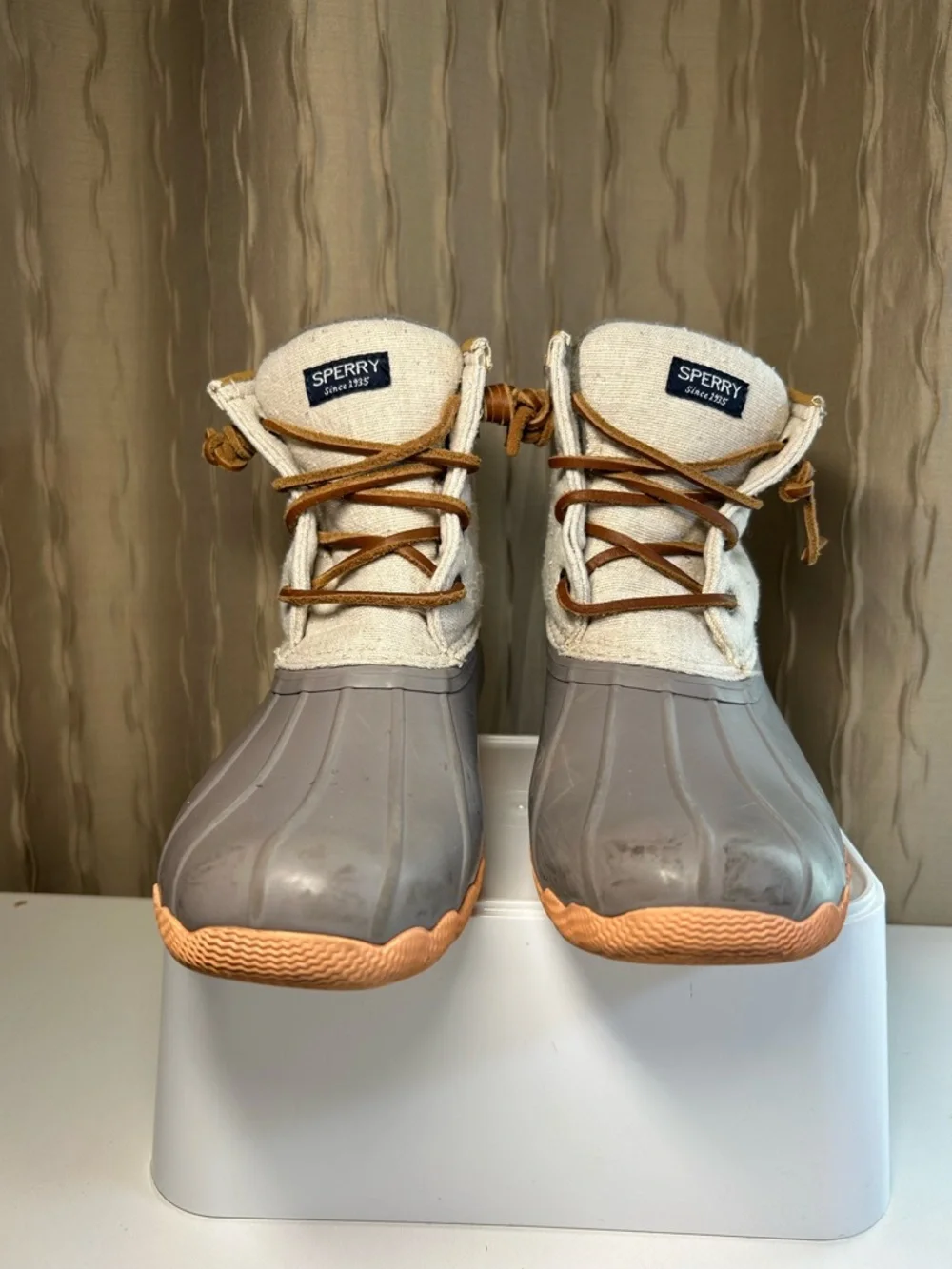 Sperry Saltwater Sport Girl's 3M Duck Boot Side Zip Gray Tan Peach STK164544